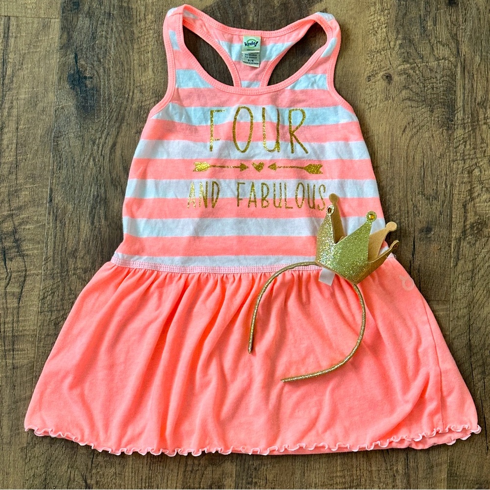 Four & fabulous Birthday Kavio girl Size 5/6 dress w/ Gold Crown headband
